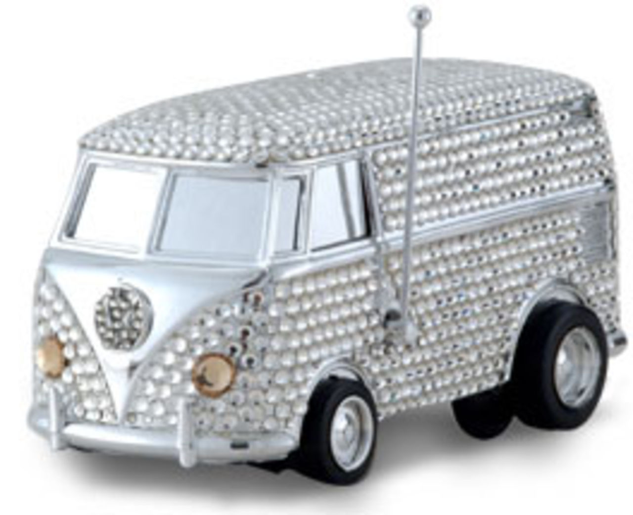 Blingad skivspelare som ser ut som en folkabuss