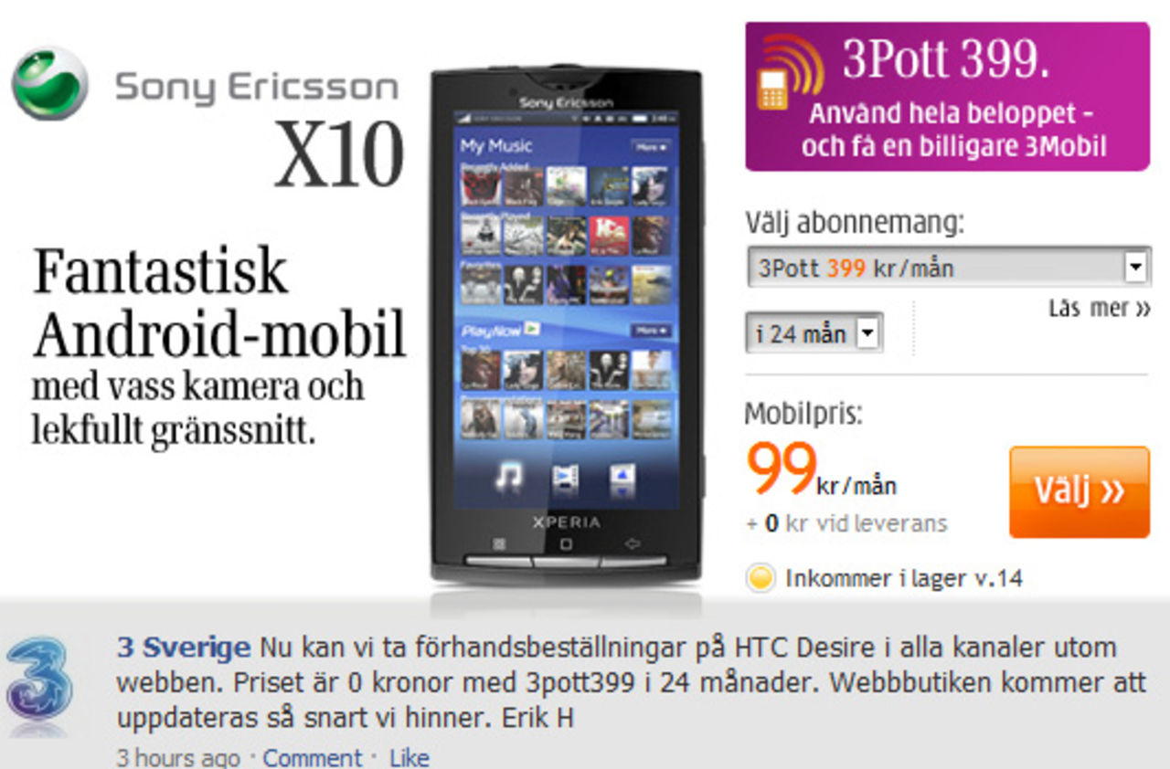 Tre tar nu emot förhandsbokningar på Desire och X10