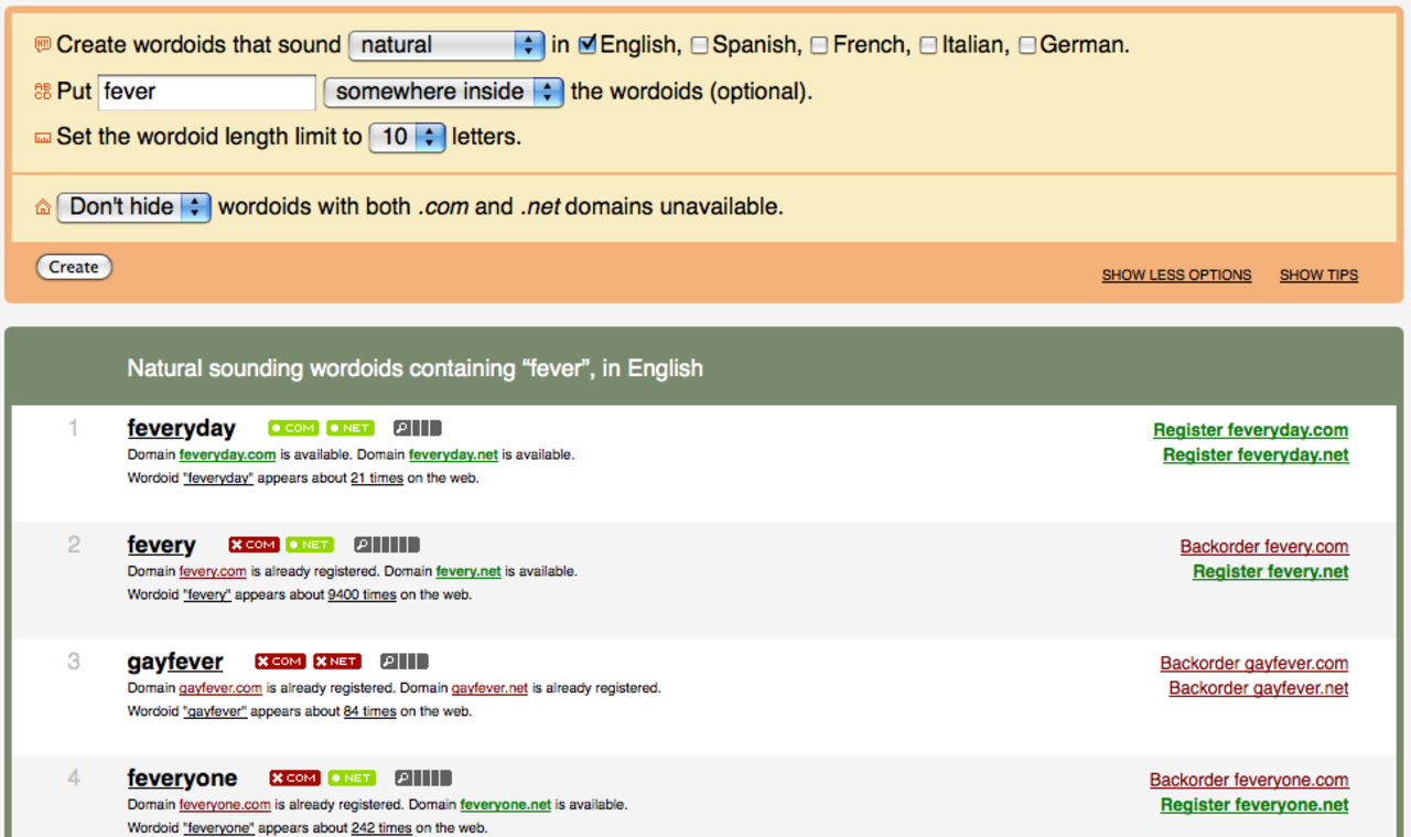 Hitta domännamn med Wordoid