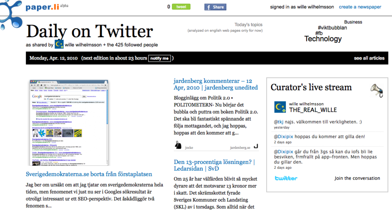 Paper.li gör om ditt twitter-flöde till en webbtidning