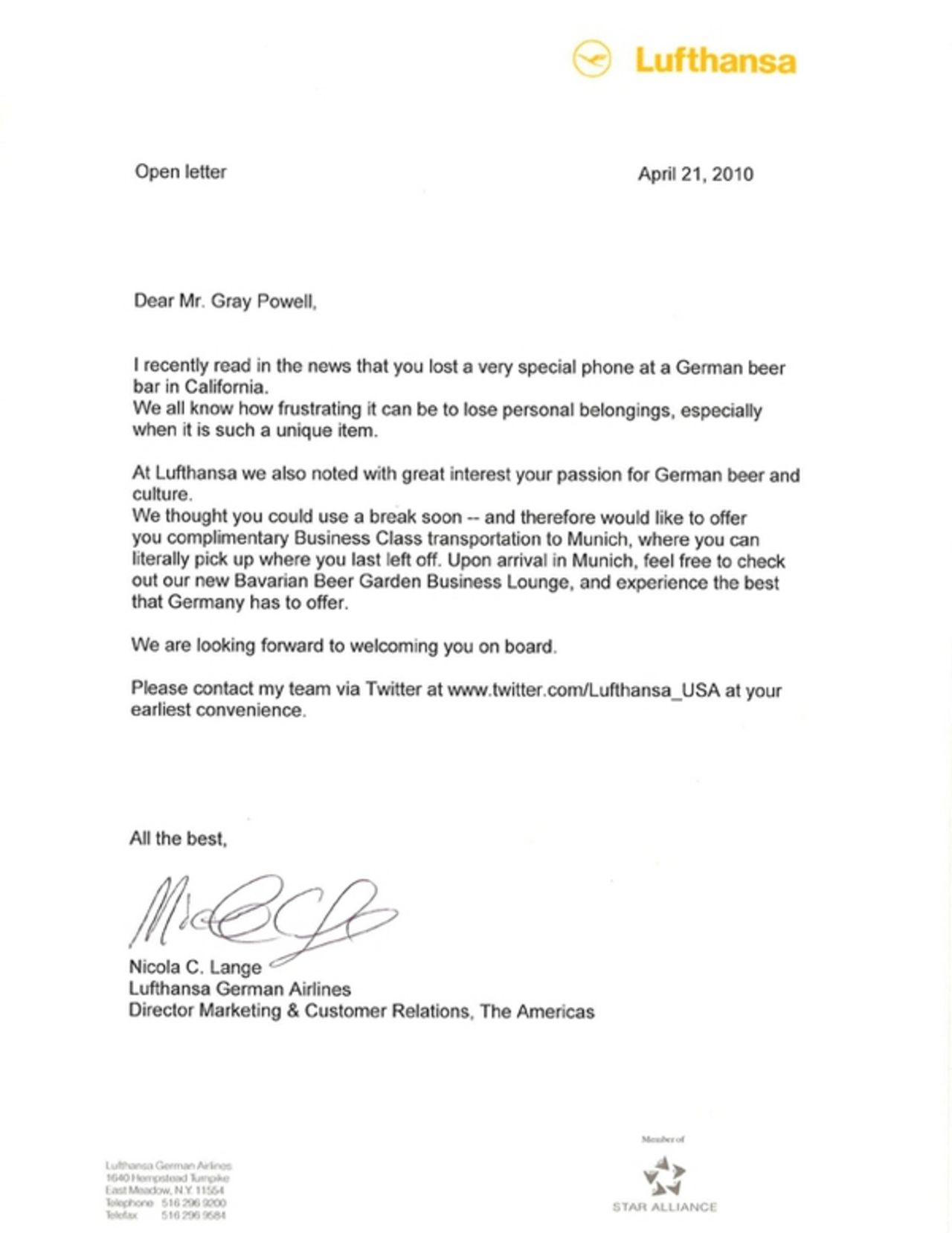 Lufthansa bjuder Gray Powell på flyg till Tyskland