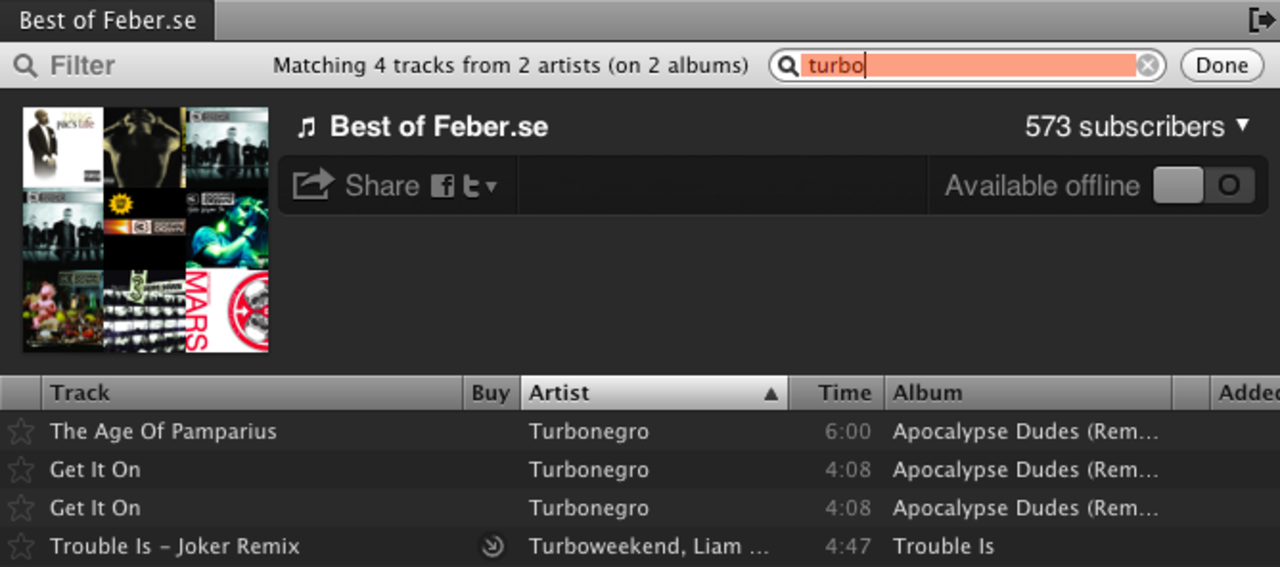 Sökning i spellistor på Spotify