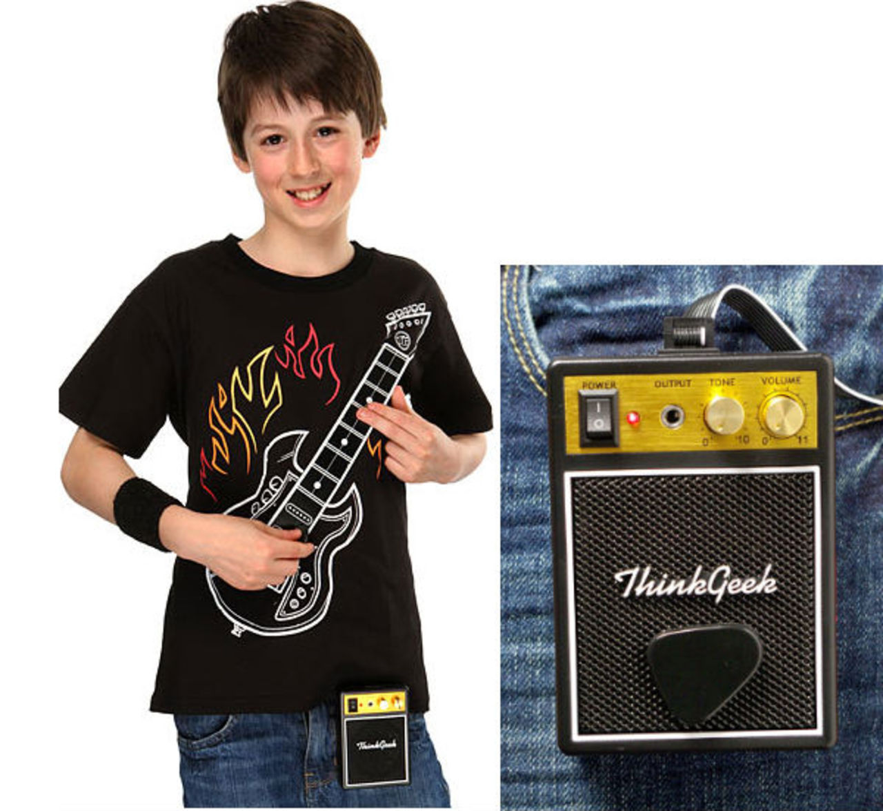 Tröja med spelbar gitarr och förstärkare