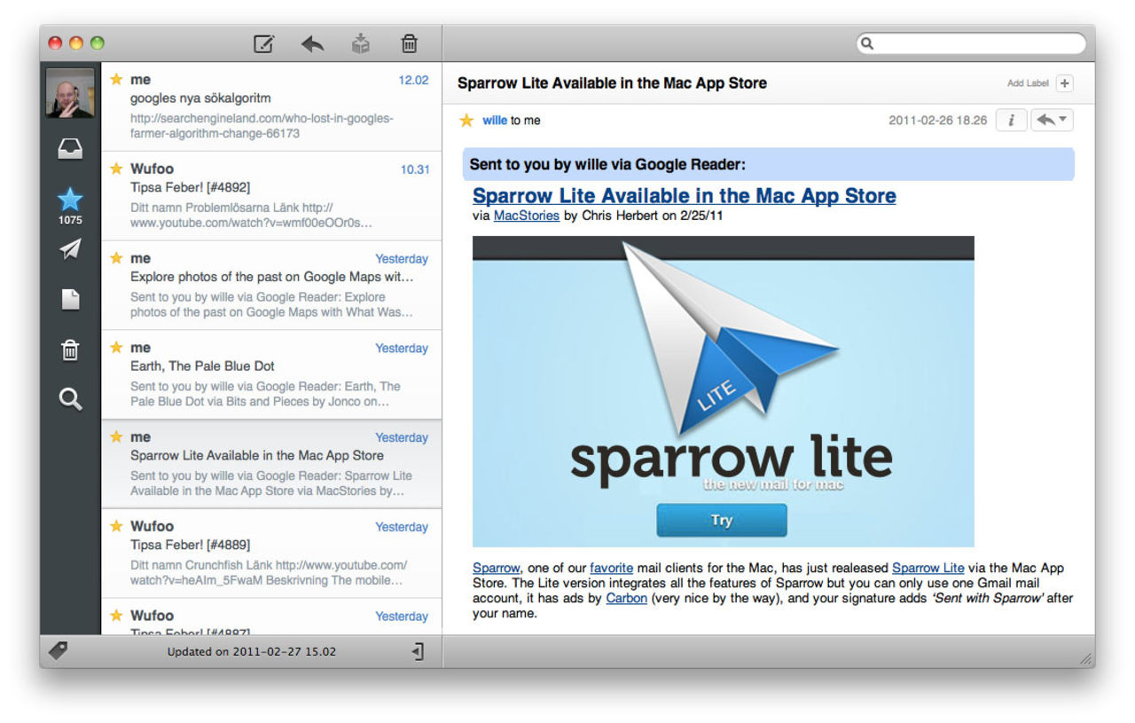 Sparrow Lite finns nu i Mac AppStore