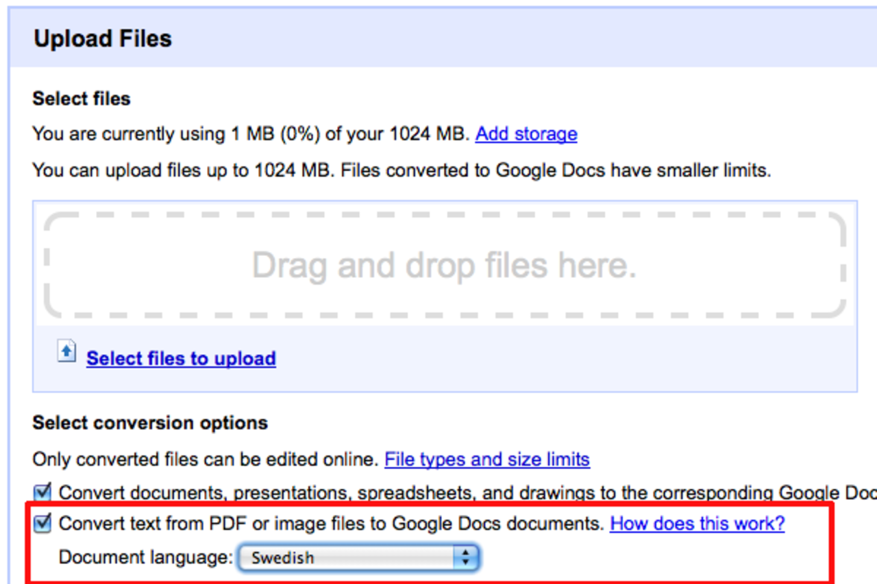 Google Docs OCR-läsare får stöd för svenska