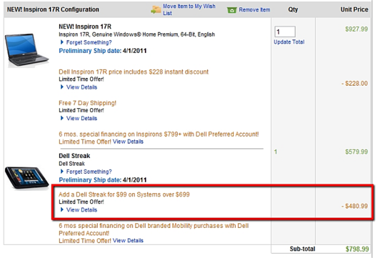Dell erbjuder billig Streak 5 vid köp av bärbar dator