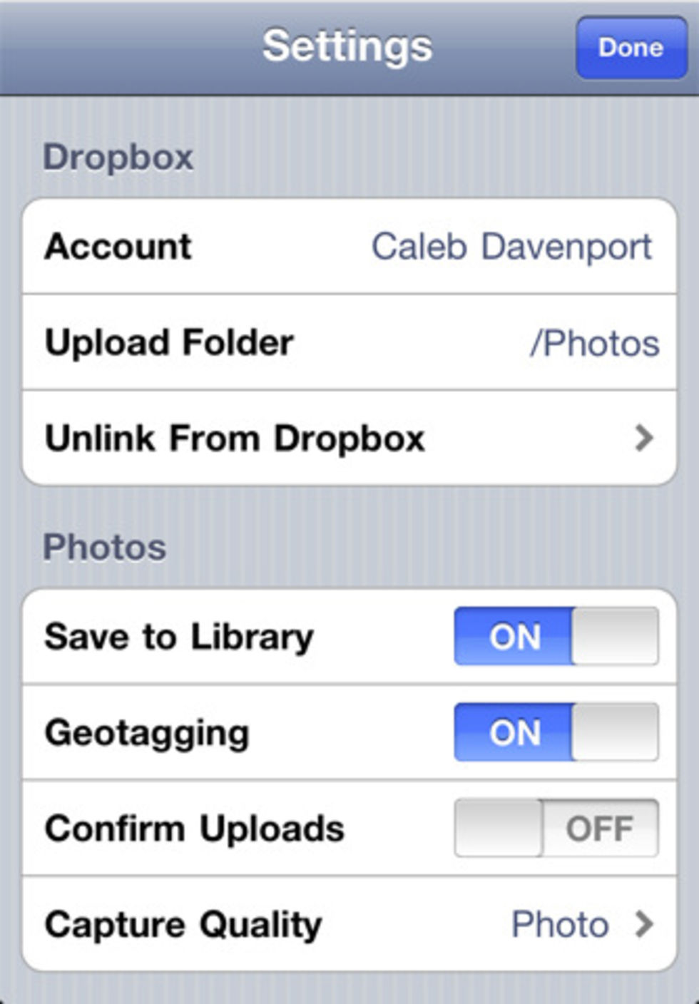 Kamera-app som skickar upp bilderna till dropbox