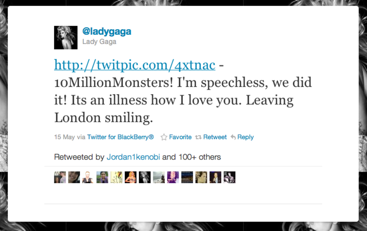 Lady Gaga har nu över 10 miljoner followers på Twitter