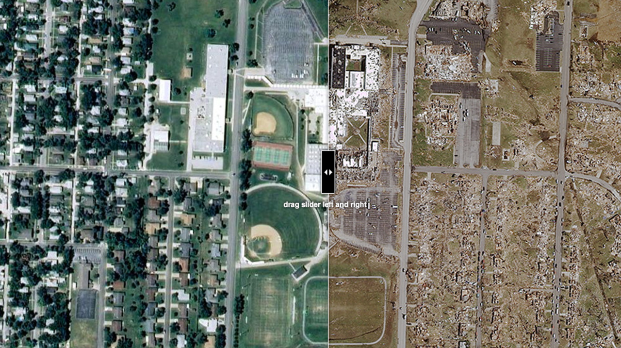 För- och efterbilder från ovan på katastrofen i Joplin