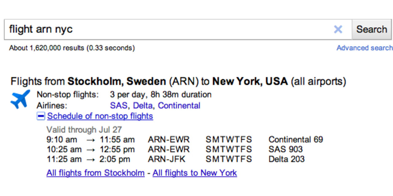 Google listar flygtider