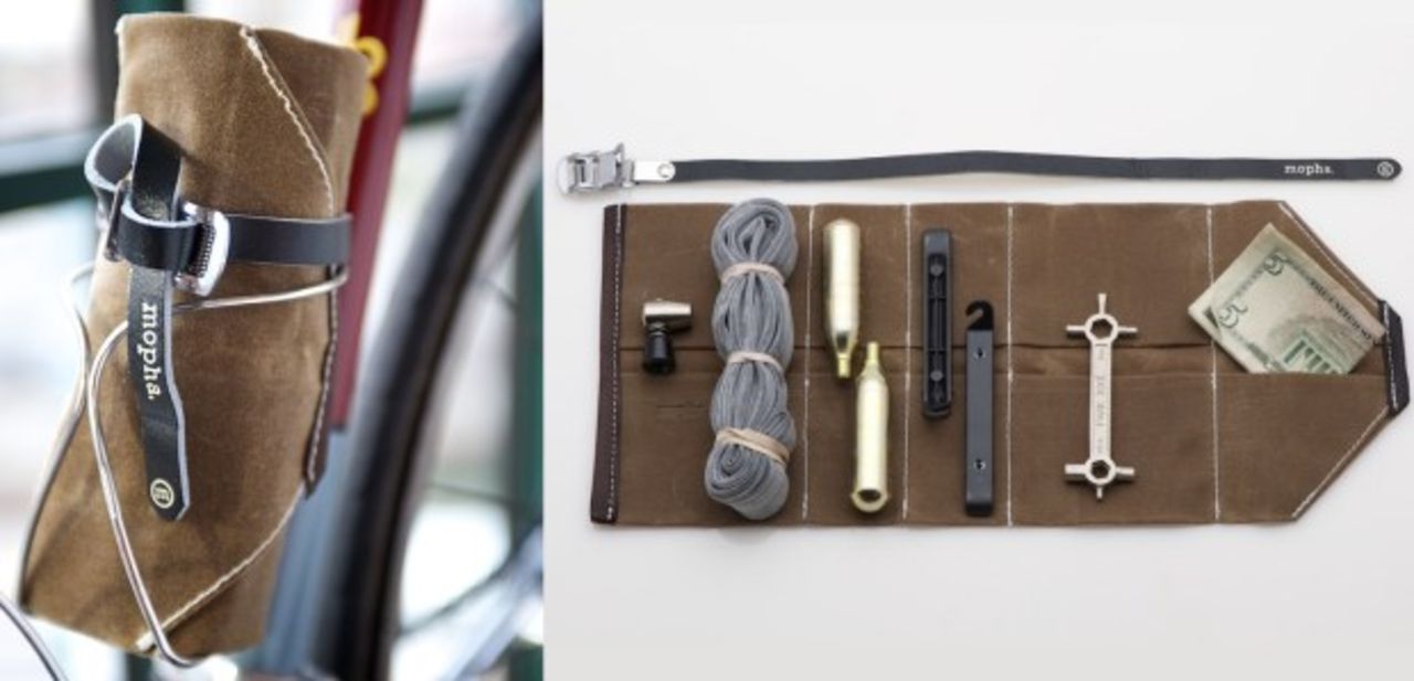 Verktyg till cykeln i ett fodral av vaxad canvas