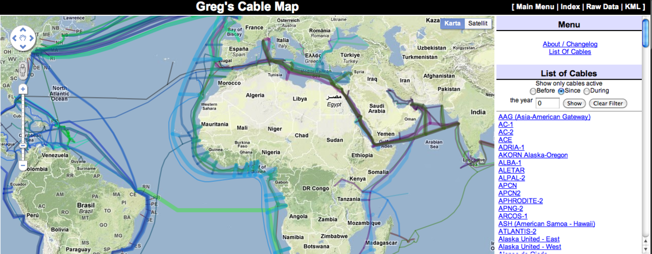 Karta som visar internetkablar som går under vattnet