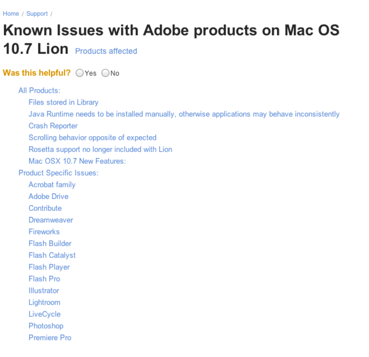 Adobe listar kända problem med Lion