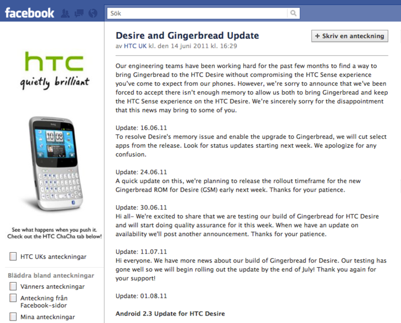 HTC släpper Gingerbread till Desire