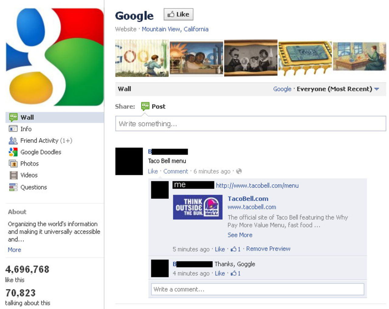 Folk googlar på Googles Facebook-sida