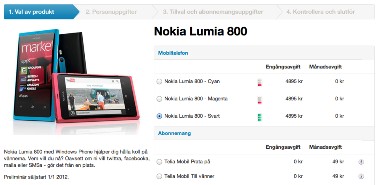 Nu finns Nokia Lumia 800 hos Telia