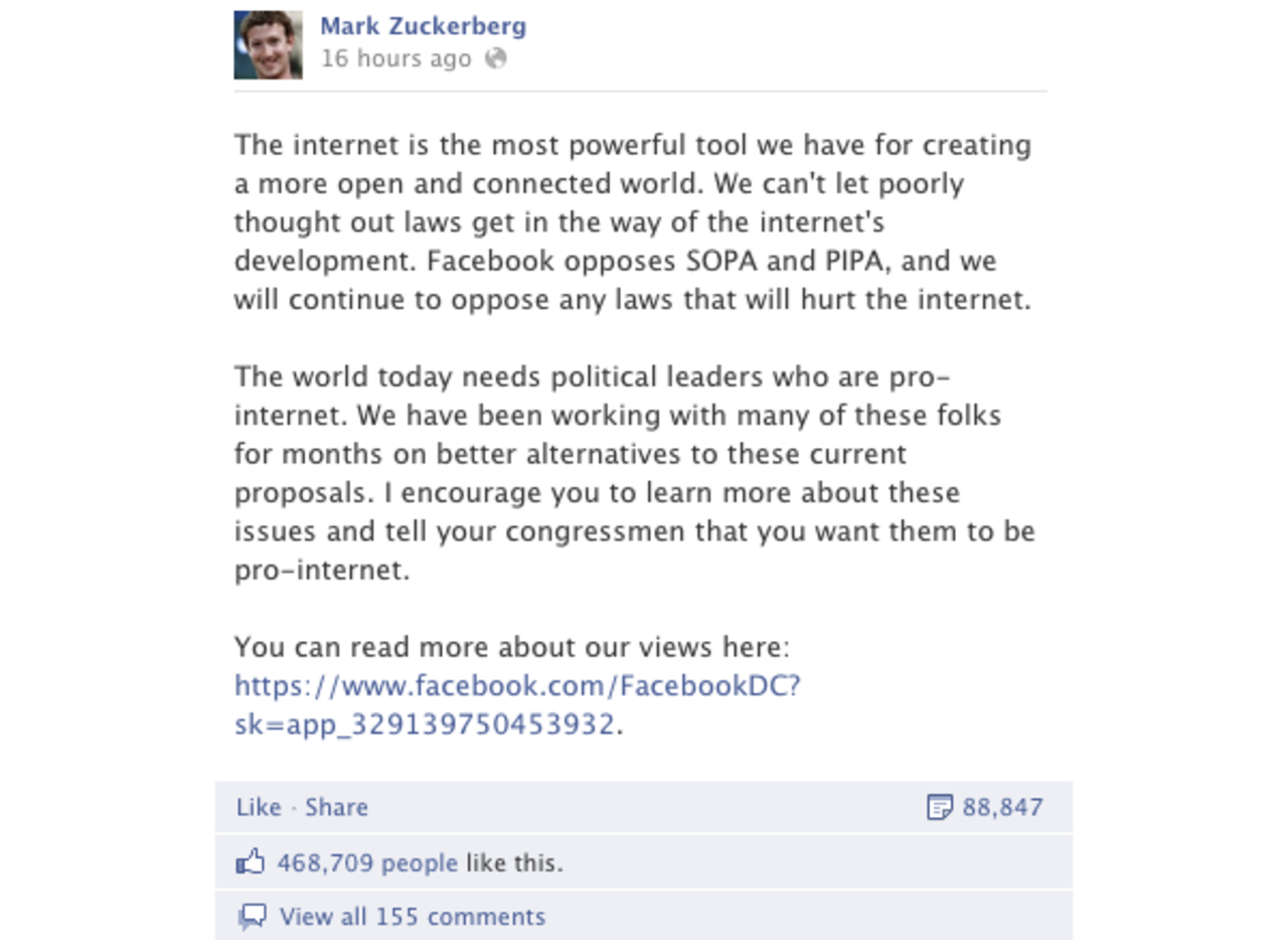 Mark Zuckerberg säger sitt om SOPA
