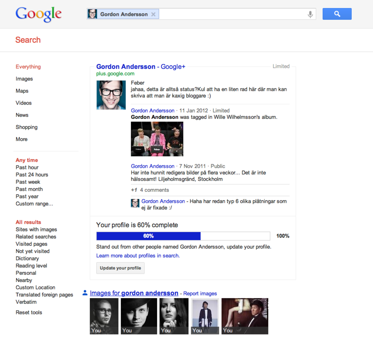 Google uppmanar dig att fylla i din G+-profil när du googlar dig själv