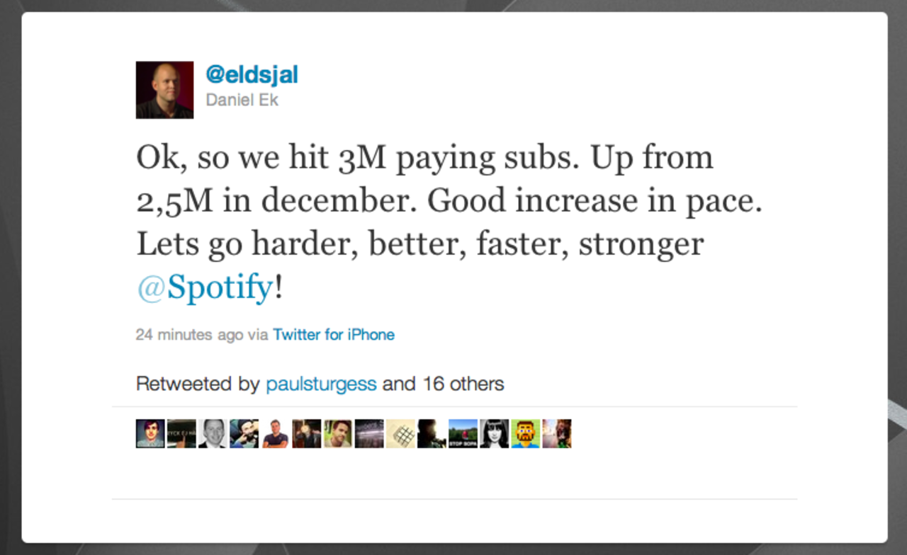 Spotify har nu tre miljoner betalande användare