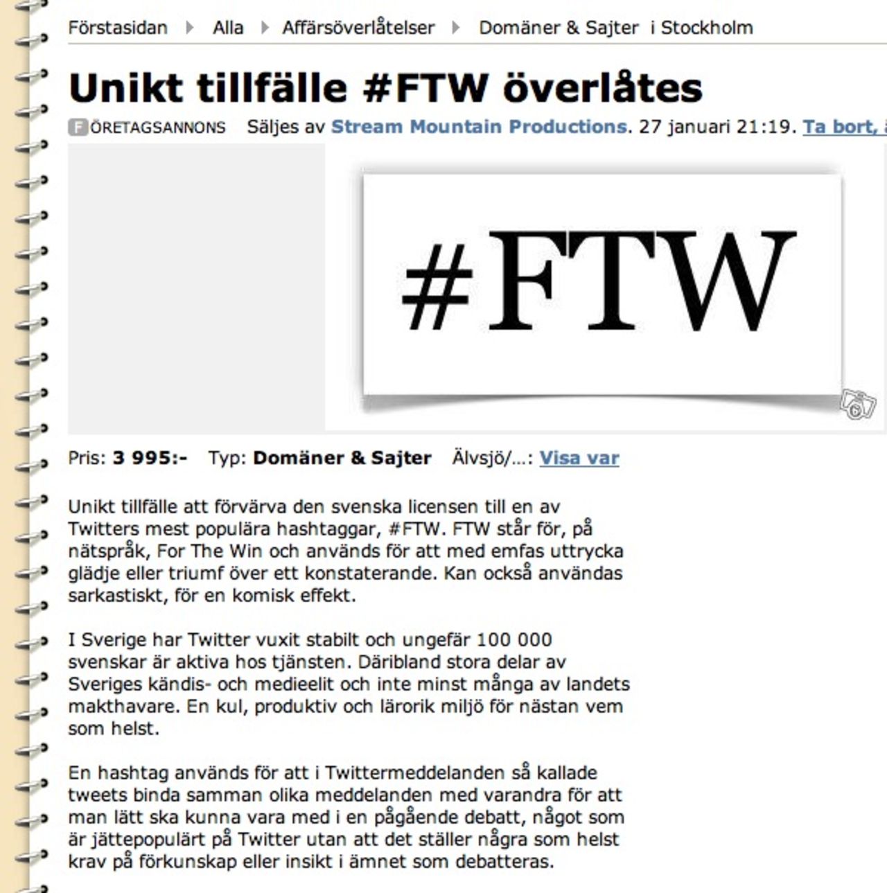 Någon försöker kränga en hashtag på Blocket