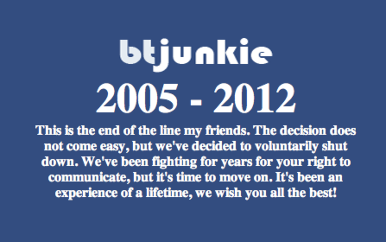Torrentsökmotorn BTJunkie frivilligt nedstängd