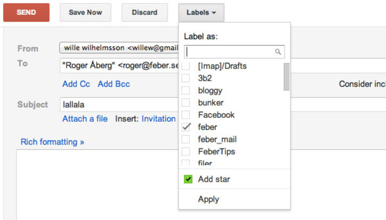 Stjärnmärk och kategorisera utgående mail i Gmail