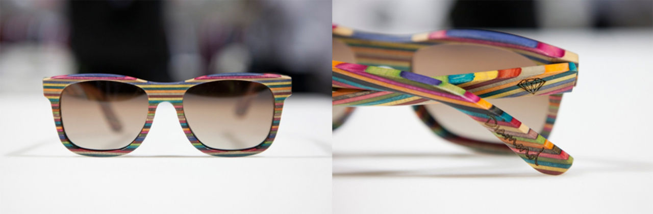 Solbrillor tillverkade av återvunna skateboards