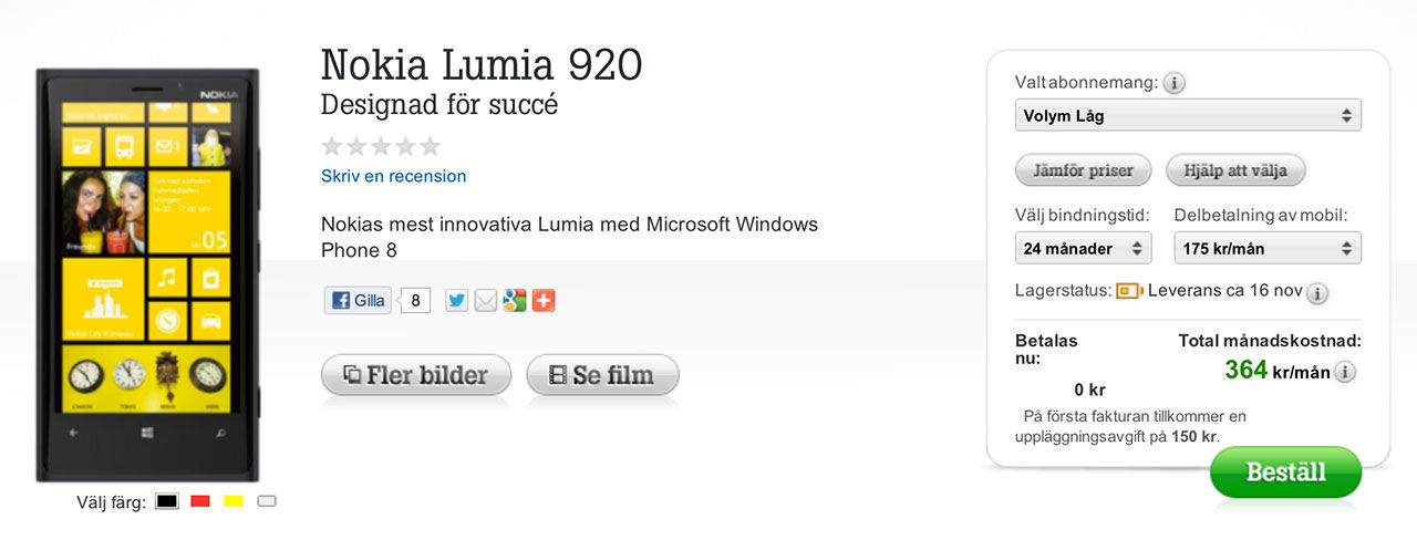 Nokia Lumia 920 levereras 16 november
