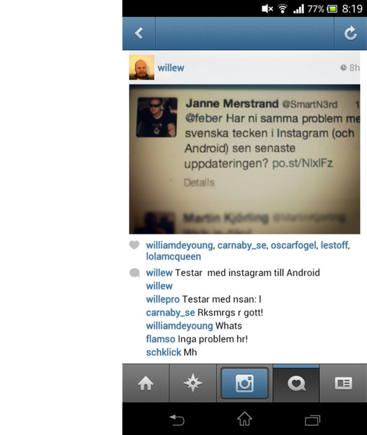 Inga svenska tecken i Instagram för Android