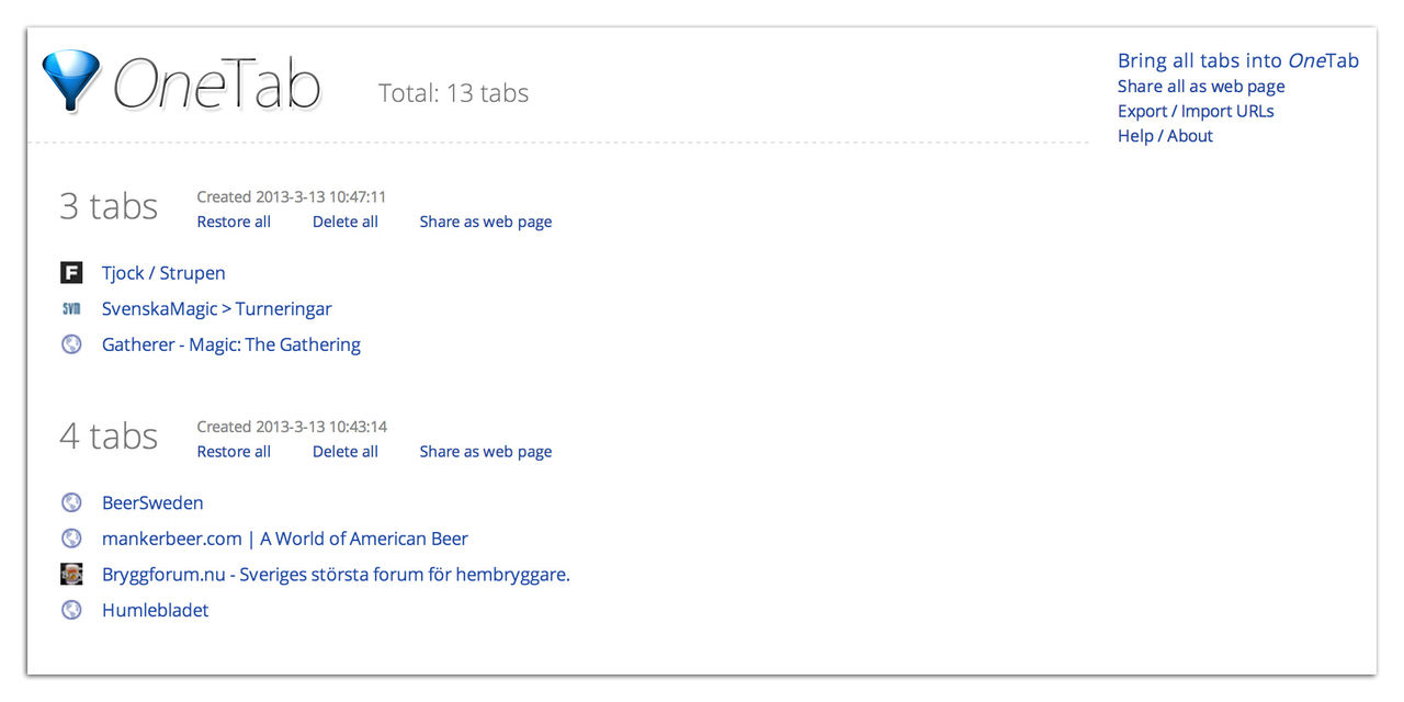 OneTab fixar tabbarna i Chrome