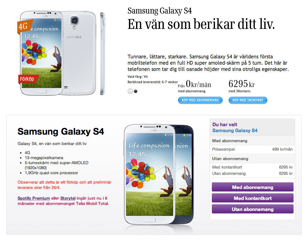 Priset för Samsung Galaxy S4: 6295 spänn