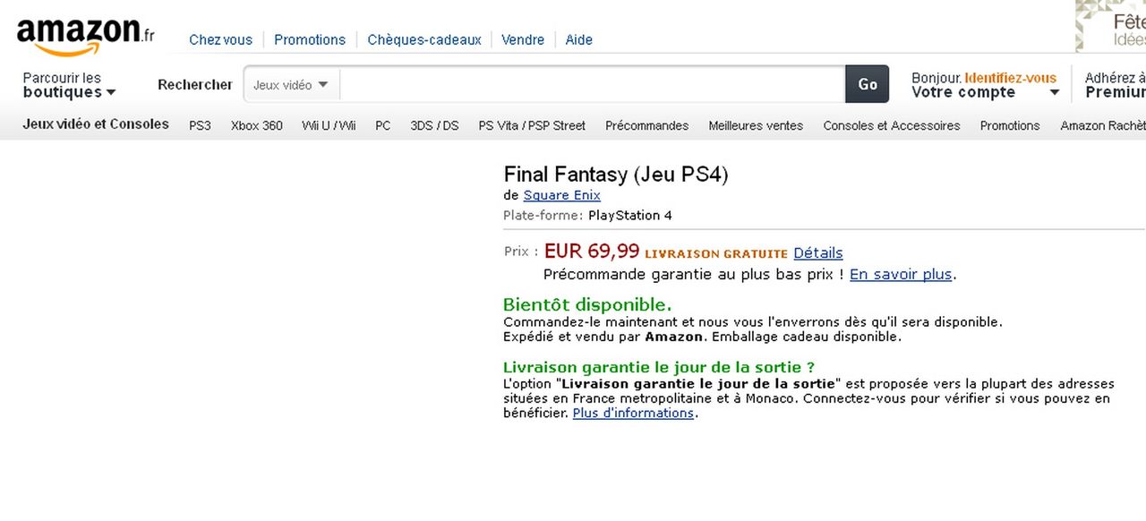 Amazon listar Final Fantasy för PlayStation 4