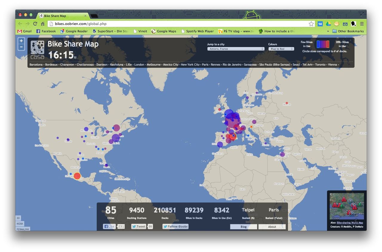 Kolla in världens låne-cyklar på Bike Share Map