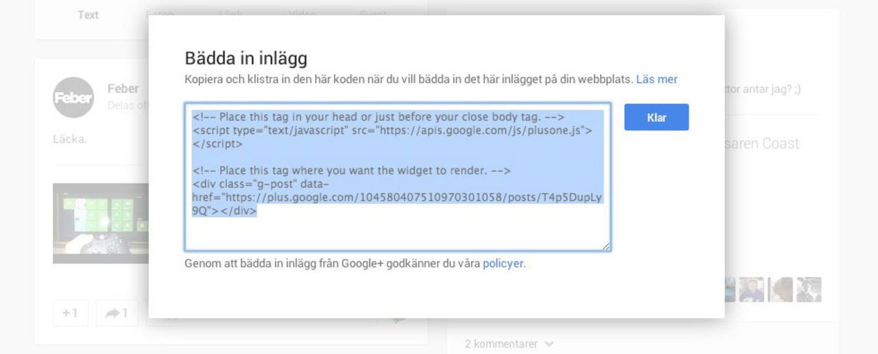 Nu går det att bädda in inlägg från Google+
