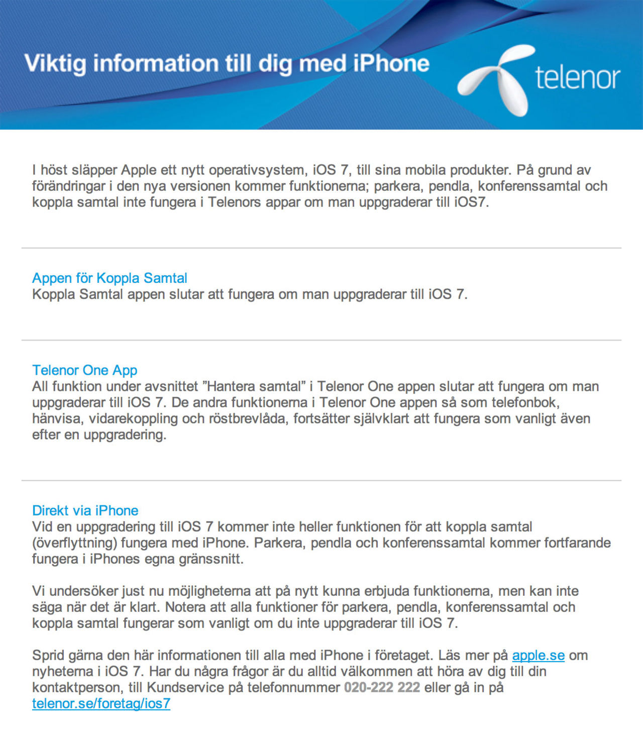 Telenors växelapp fungerar inte med iOS 7