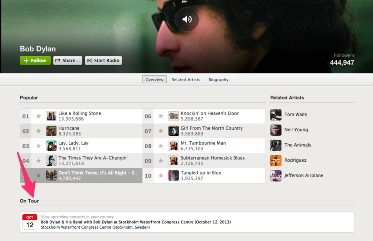 Spotify visar om artisten som spelas är på turné i närheten