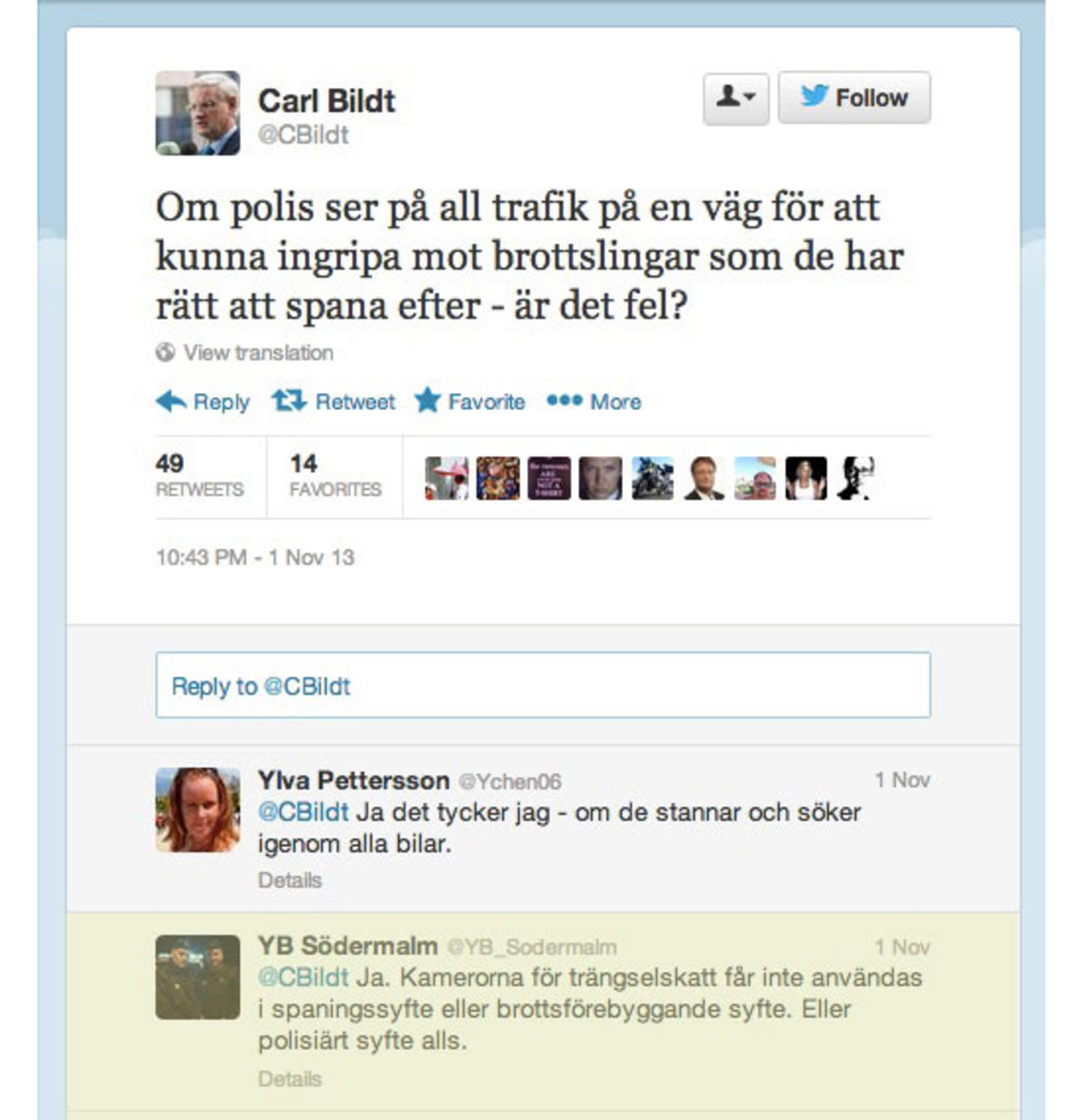 Carl Bildt försvarar FRA på Twitter