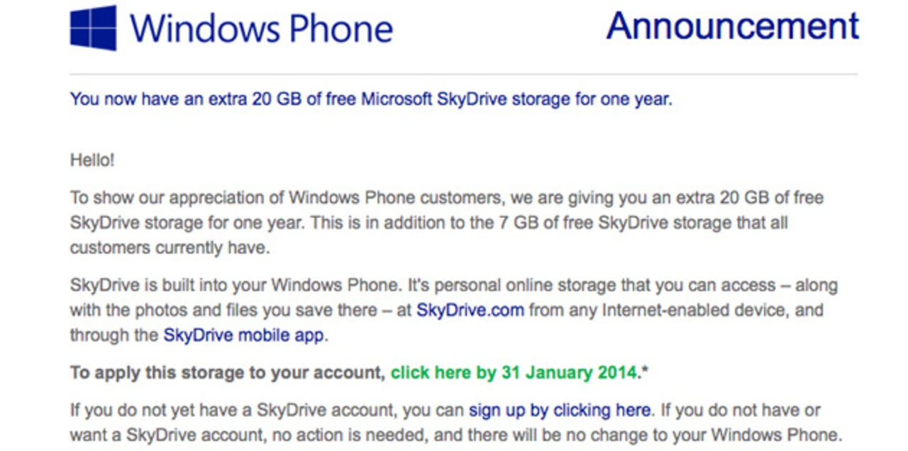 20GB med SkyDrive-utrymme för Windows Phone-ägare