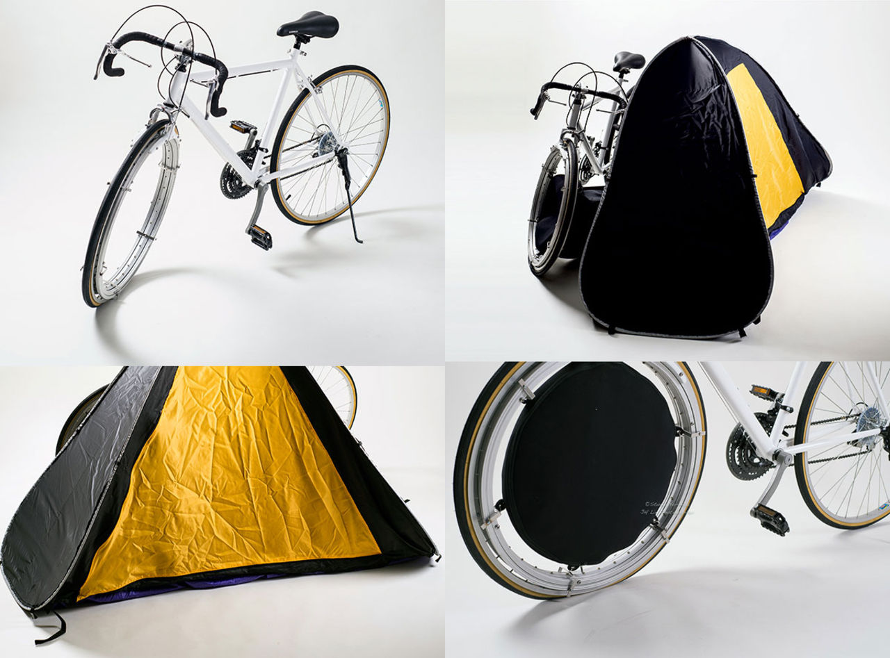 Cykel med tält i hjulet