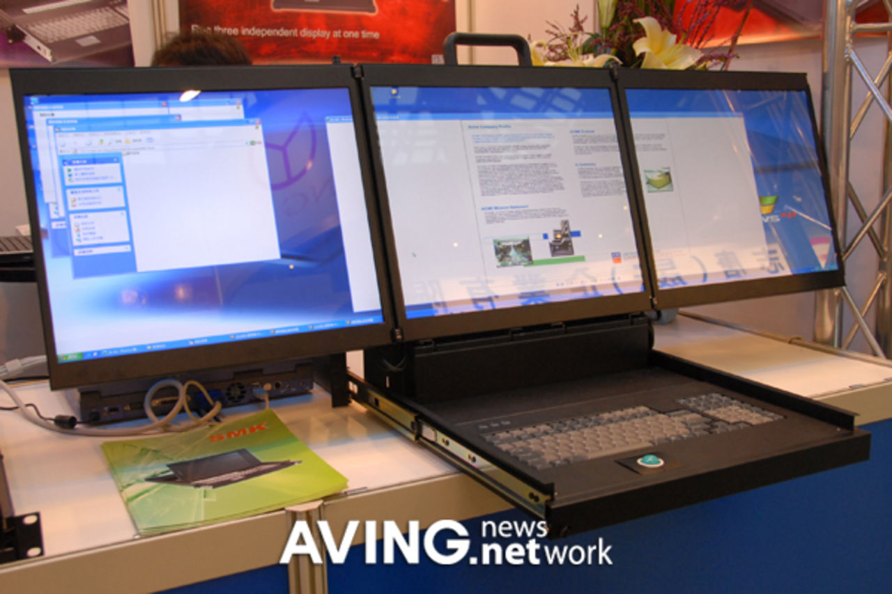En laptop med tre skärmar