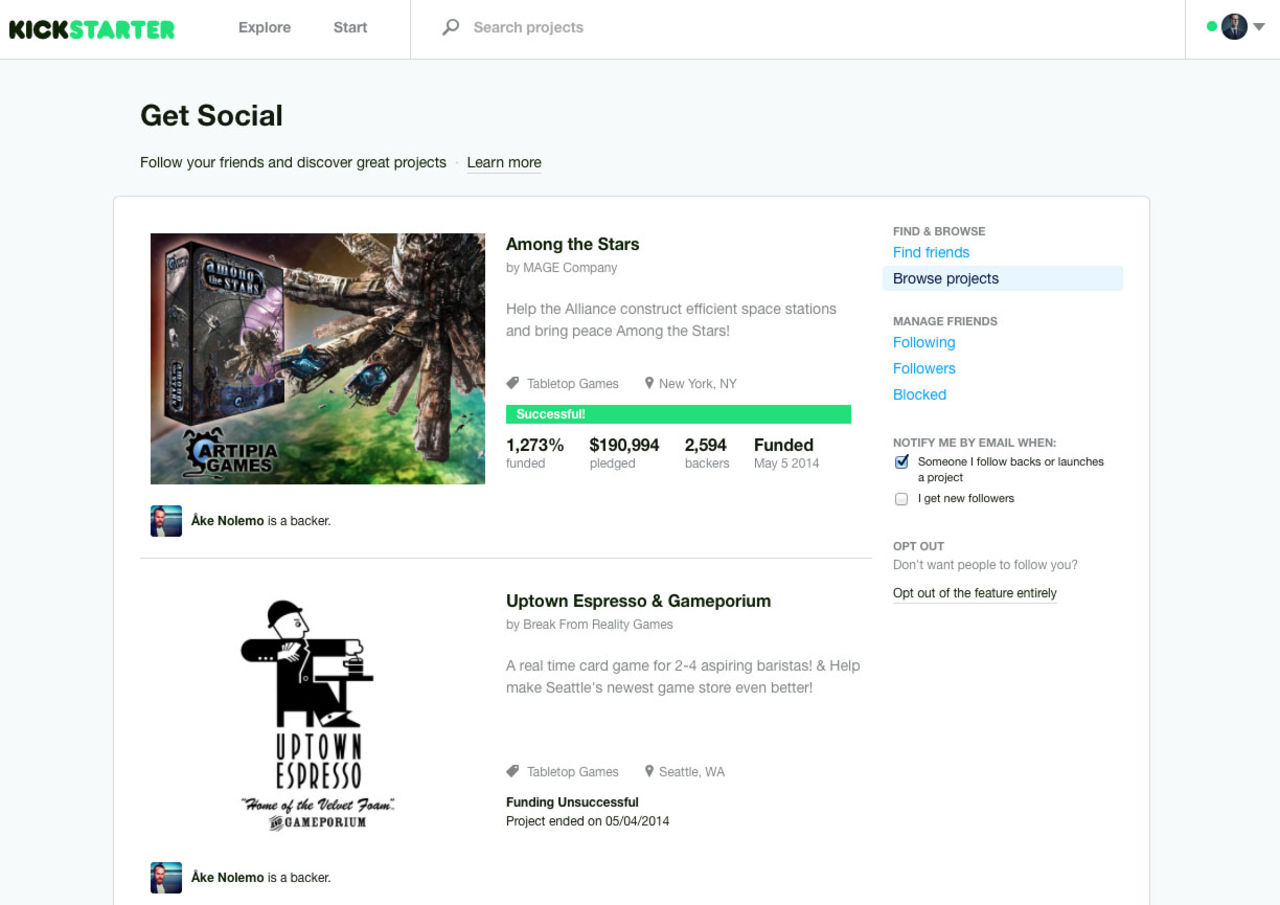 Se vad dina vänner stöttar på Kickstarter