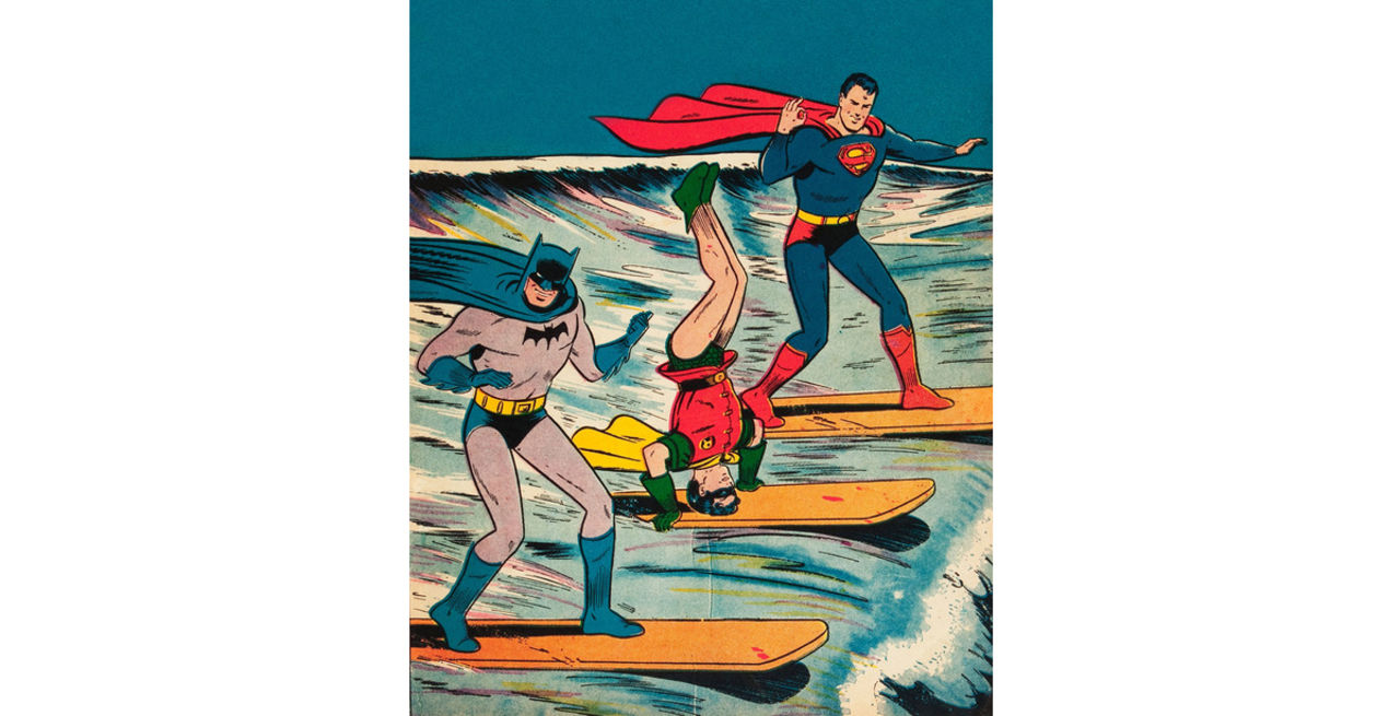 Batman, Robin och Superman surfar