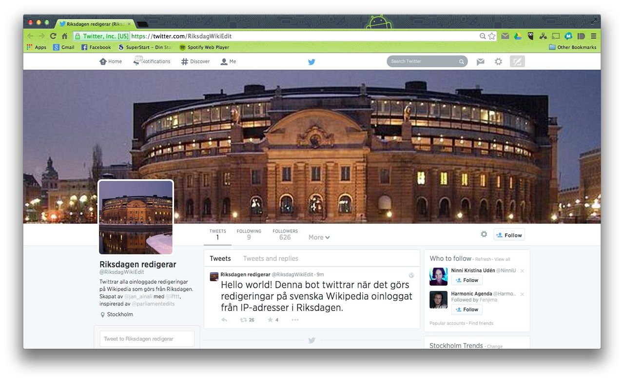 Twitter-bot håller koll på när Riksdagen ändrar på Wikipedia