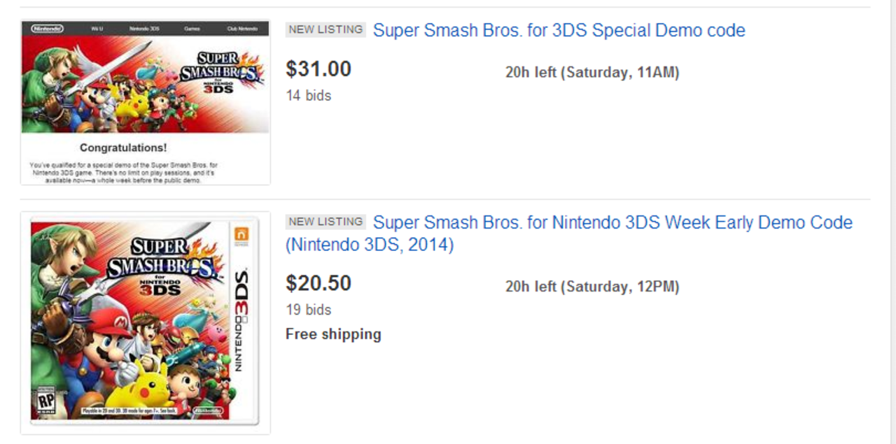 Demokoder till  Super Smash Bros. säljs på ebay