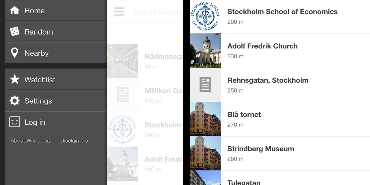 Wikipedia för Android listar artiklar om saker nära dig