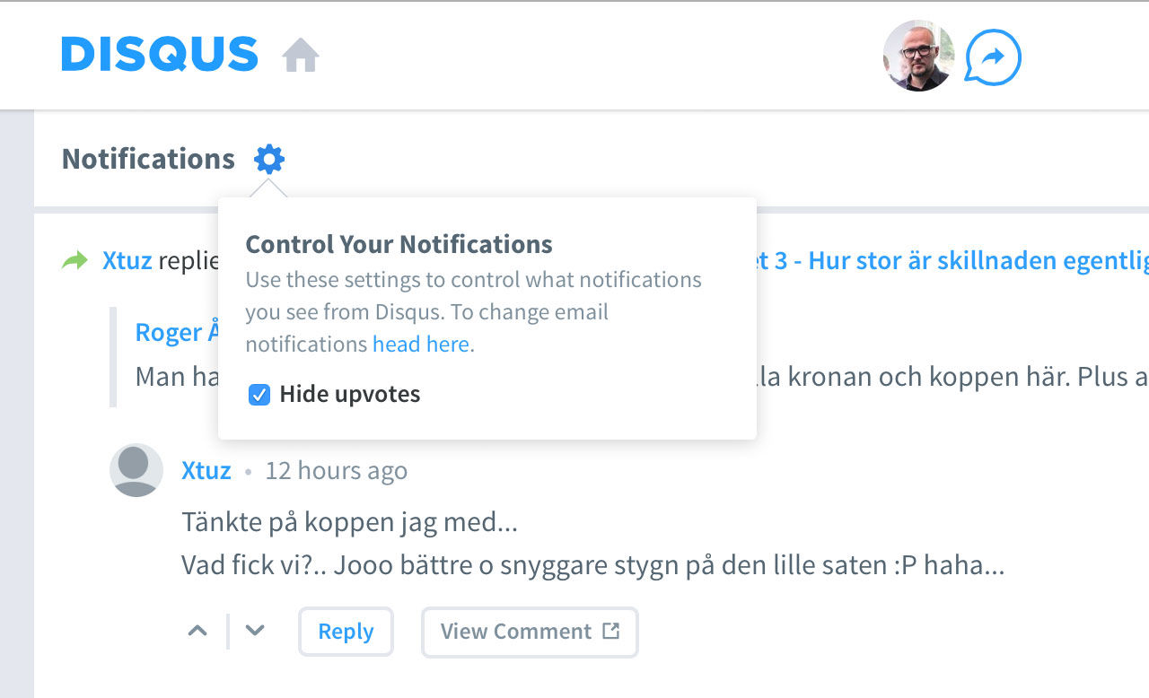 Slipp Disqus-notiser om upptummar