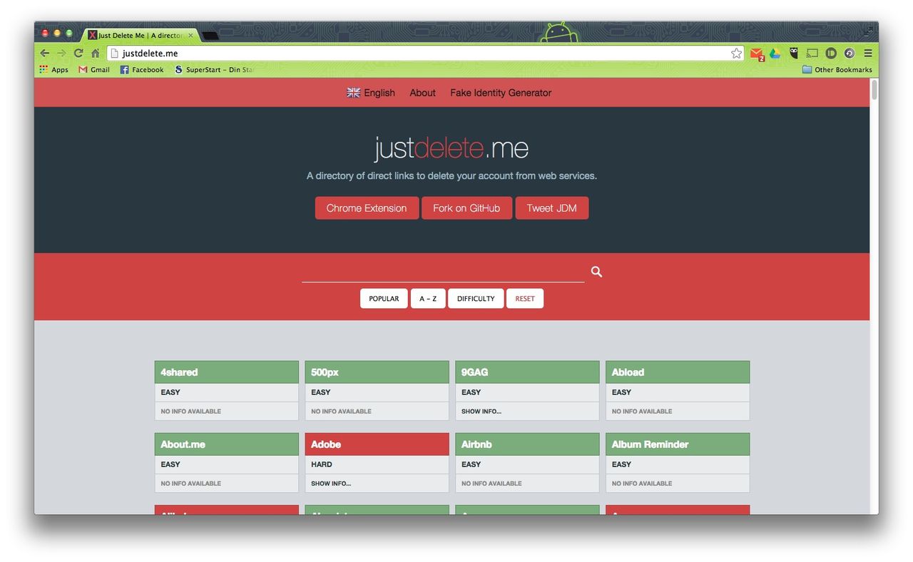 Radera dig på tjänster med JustDelete.me