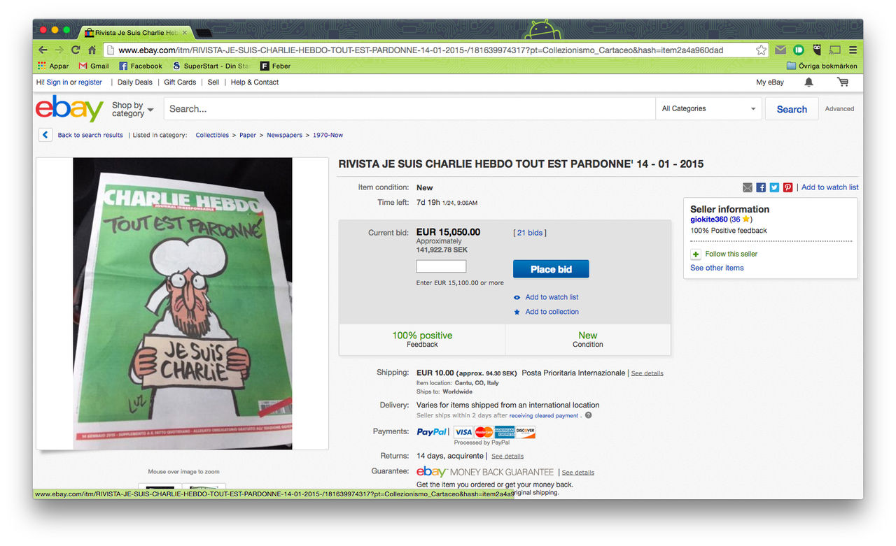 Senaste numret av Charlie Hebdo går för fantasisummor på eBay