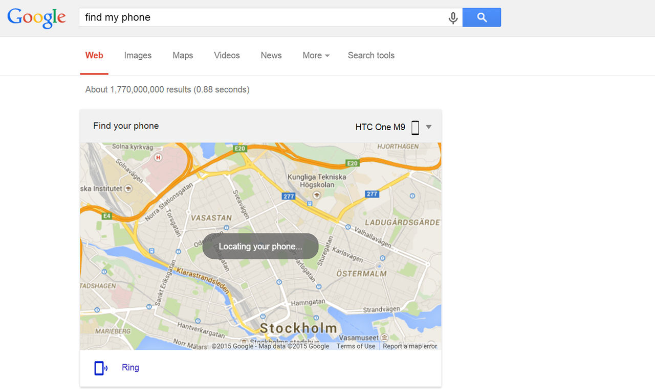 Find My Phone funkar direkt i sökfältet