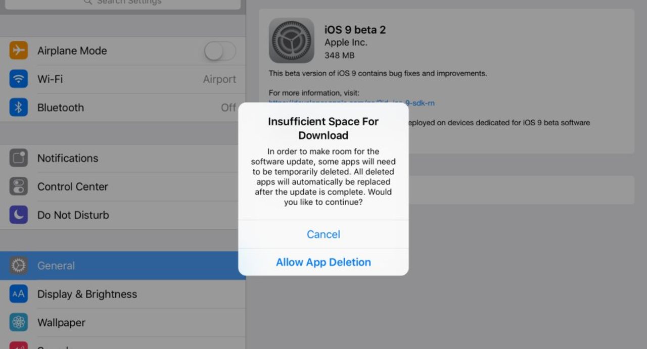 iOS 9 plockar bort appar för att ge utrymme för uppdatering